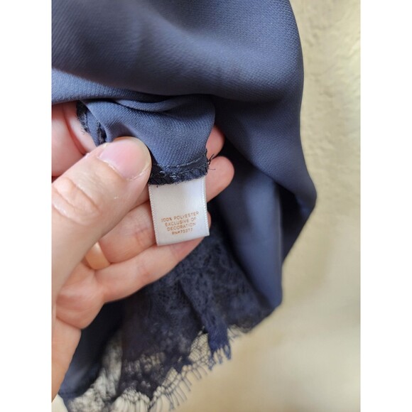 LC Lauren Conrad Top Medium Slate Blue Pleated Chiffon Lace Hem Tie Back Blouse - Picture 8 of 9